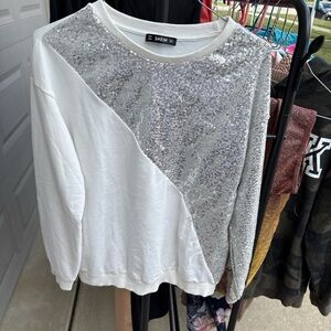 SHEIN White and Silver Sequin Sweater
